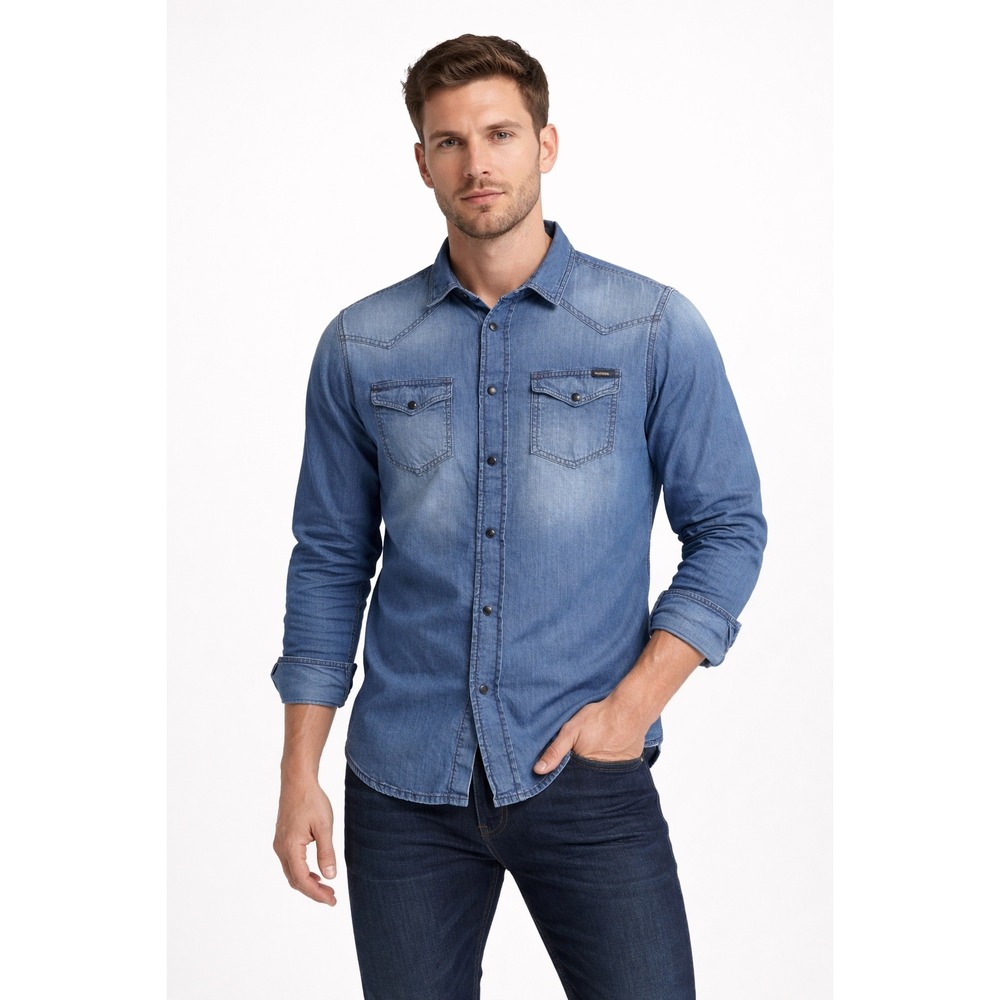Diesel Mens Denim Western Shirt Blue Medium Wash Snap Front Long Sleeve Cotton
